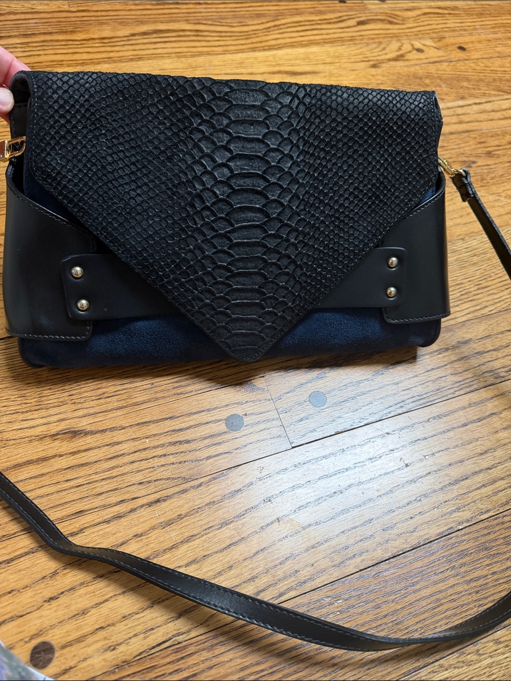 Sandro Handbag - suede, croc-embossed, smooth leather navy & black clutch option